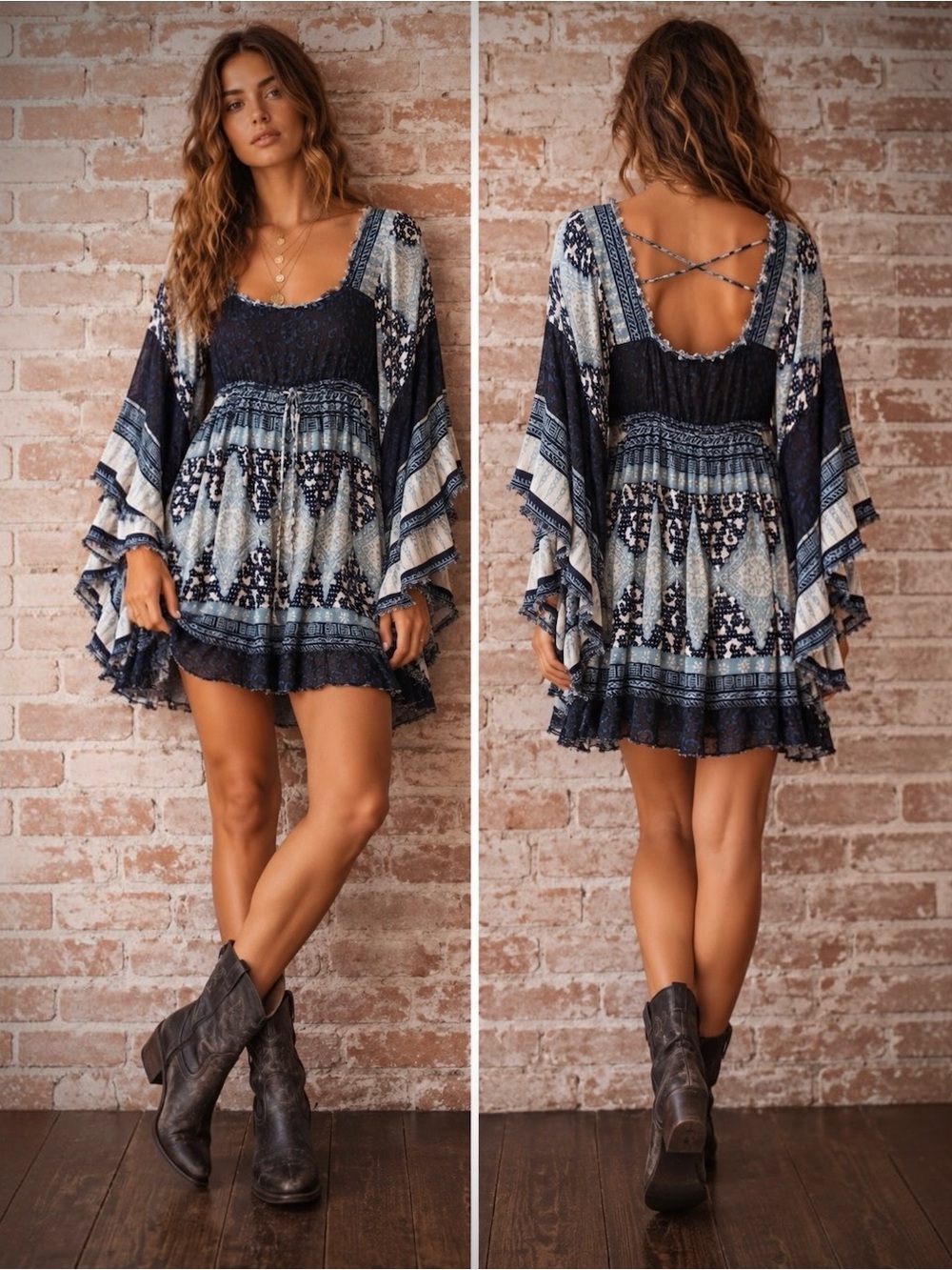 Free People Heart of Gold Indigo Blue Mini Dress M Boho Bell Sleeve Festival